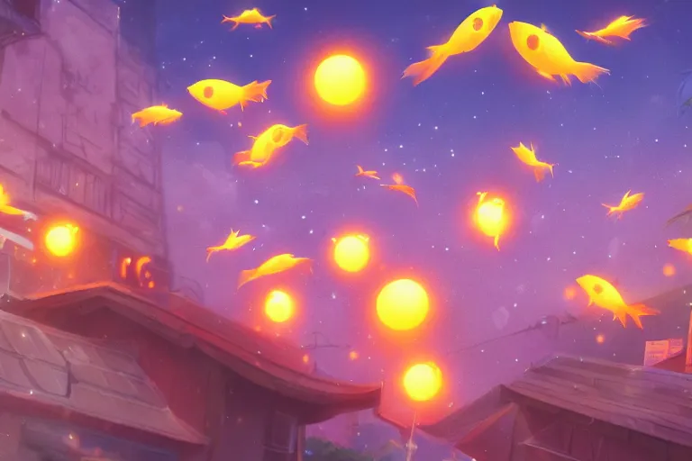 Prompt: fantasy art of glowing goldfish floating in the air, in a japanese town at night, by makoto shinkai, close up, low angle, wide angle, highly detailed digital art, trending on artstation