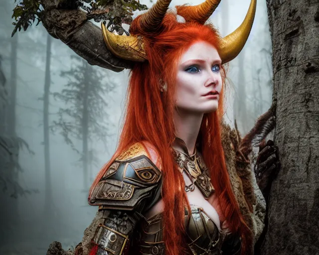 Image similar to 5 5 mm portrait photo of an armored gorgeous anesthetic redhead woman warrior with a face tattoo and horns growing from her head, in a magical forest. by luis royo and stephan kostic. highly detailed 8 k. intricate. lifelike. soft light. nikon d 8 5 0. cinematic post - processing