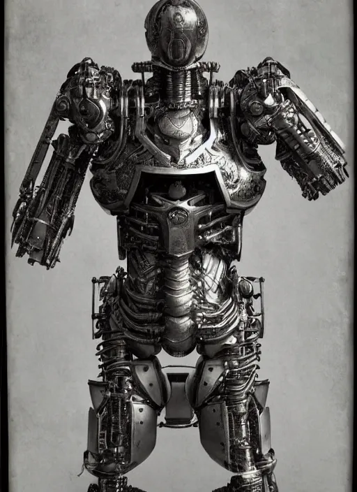 Prompt: old 1 9 th century wetplate daguerreotype portrait of a futuristic silver armored knight district 9 cyborg, fractal, intricate, elegant, highly detailed, subsurface scattering, by jheronimus bosch and greg rutkowski,