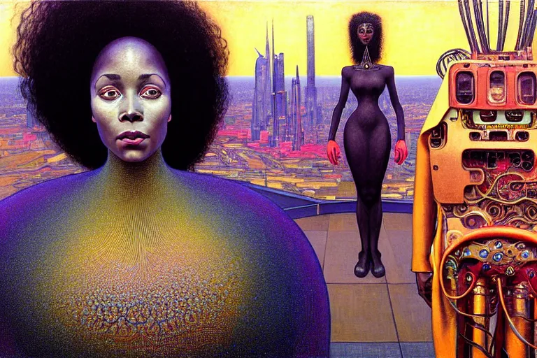 Prompt: realistic extremely detailed closeup portrait painting of a beautiful black woman in a dress with supercomputer robot, city street on background by Jean Delville, Amano, Yves Tanguy, Ilya Repin, Alphonse Mucha, Ernst Haeckel, Edward Hopper, Edward Robert Hughes, Roger Dean, rich moody colours