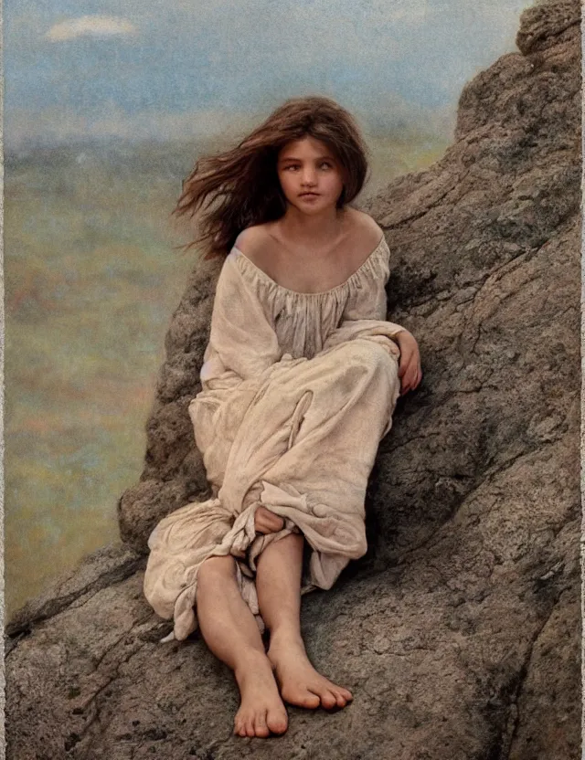 Image similar to peasant barefoot girl with blowing hair sitting on the edge of rock, cottage core, cinematic focus, polaroid photo bleached vintage pastel colors high - key lighting, soft lights, foggy, by steve hanks, by lisa yuskavage, by serov valentin, by tarkovsky, 8 k render, detailed, oil on canvas