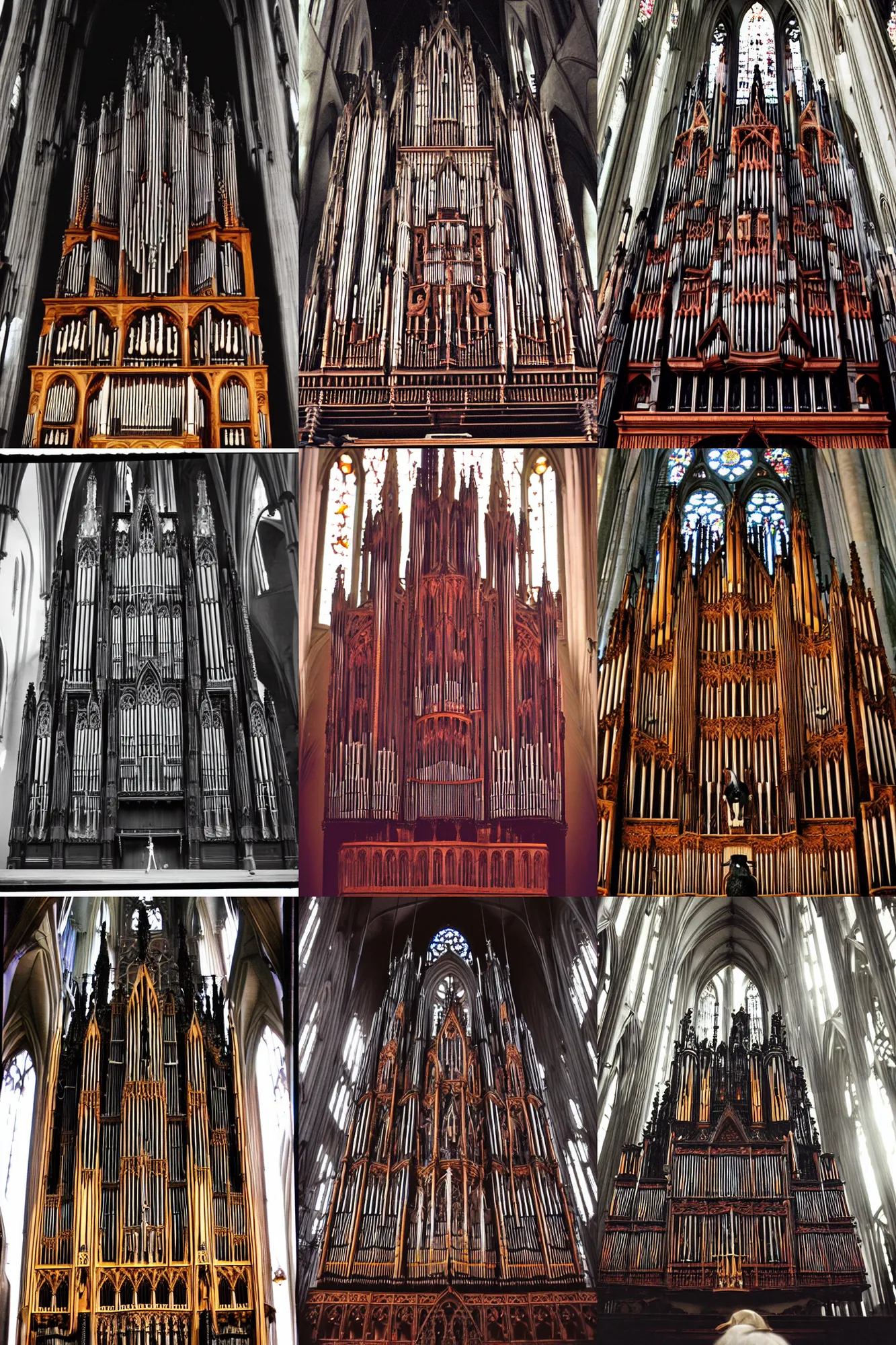 Prompt: Wide angle disposable camera photograph of Gothic German cathedral organ being played by anthropomorphic crow wearing athletic clothing