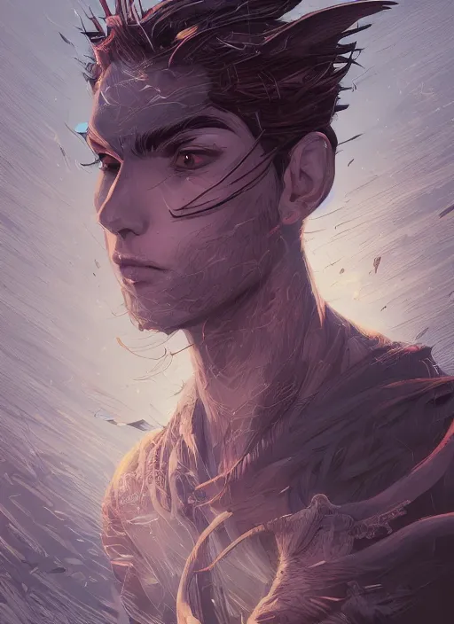 Prompt: beauty boy with a crows nest on his head, cruelty, black crows, light effect, hyper detailed, intricate, elegant, highly detailed, digital painting, artstation, concept art, matte, sharp focus, illustration, by dan mumford, yusuke murata, makoto shinkai, ross tran