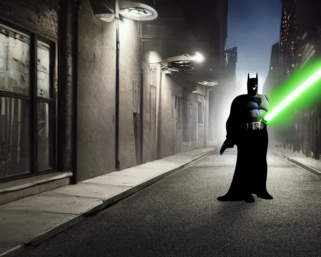 Image similar to a photograph of Batman holding a green lightsaber in a dark city alleyway at nighttime