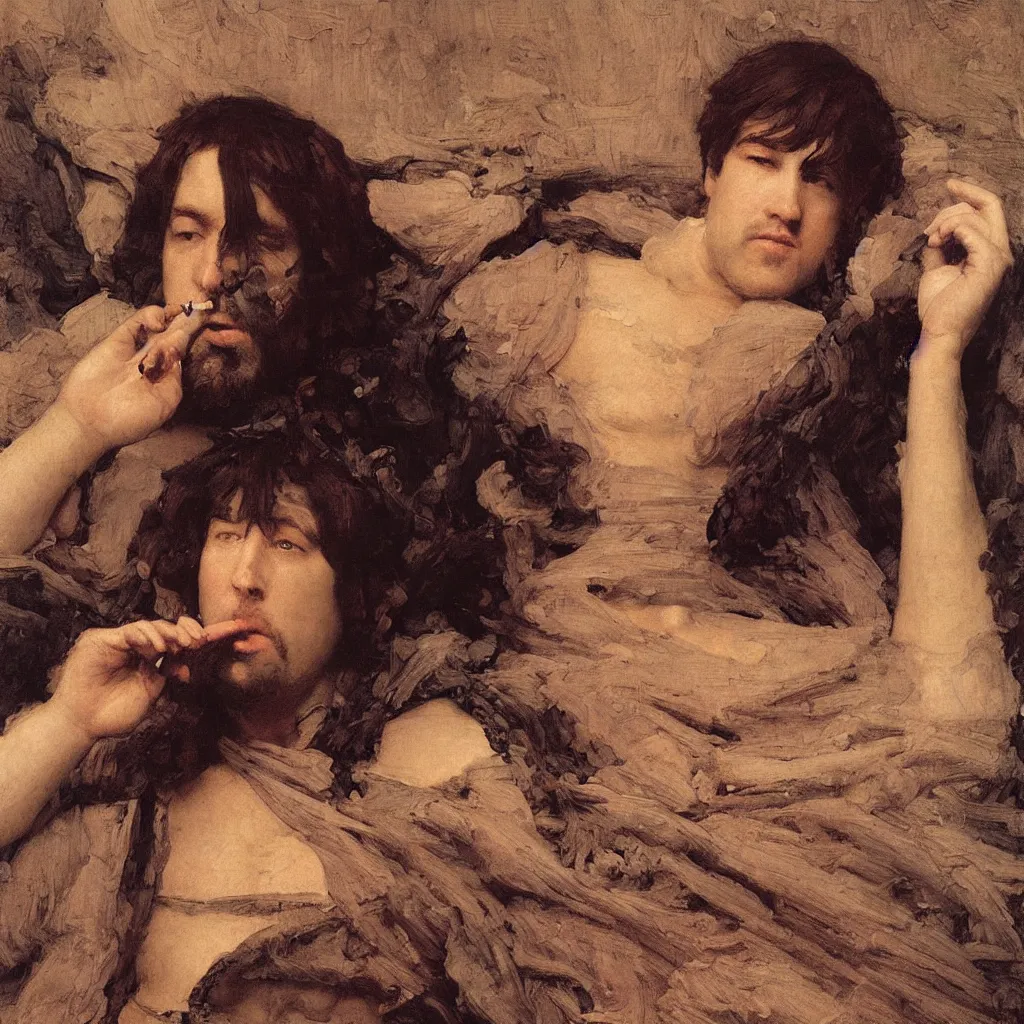 Prompt: portrait en buste of bill hicks SMOKING WEED in repose by John William Waterhouse, Frederic Leighton, true-to-life, flowing realistic fabric, abundant detail
