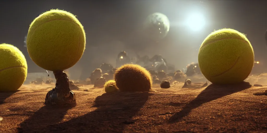 Image similar to a cinematic poster photo of 8 k ultra realistic tennis ball monsters, exotic, cinematic lighting, trending on artstation, 4 k, hyperrealistic, focused, high details, unreal engine 5, cinematic, alien planet atmosphere in background