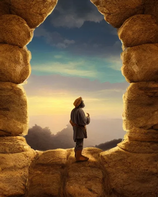 Prompt: an ancient jewish man looking over a strikingly beautiful stunning nature horizon, very realistic, highly detailed, photorealistic, dusk