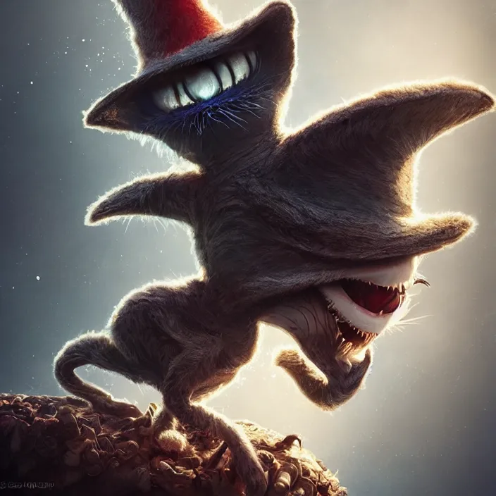 Image similar to complex 3 d render, hyper detailed, ultra sharp, alien cat in the hat, scary, cute, cinematic, head and shoulders, steampunk, natural soft light, rim light, octane render, artstation, art by artgerm and greg rutkowski and alberto seveso, dr seuss