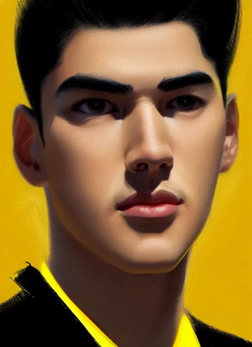 Image similar to portrait of young reggie mantle, mean smirk, egotistical, slicked back hair, striped yellow and black sweater, 1 9 5 0 s, intricate, elegant, glowing lights, highly detailed, digital painting, artstation, concept art, smooth, sharp focus, illustration, art by wlop, mars ravelo and greg rutkowski