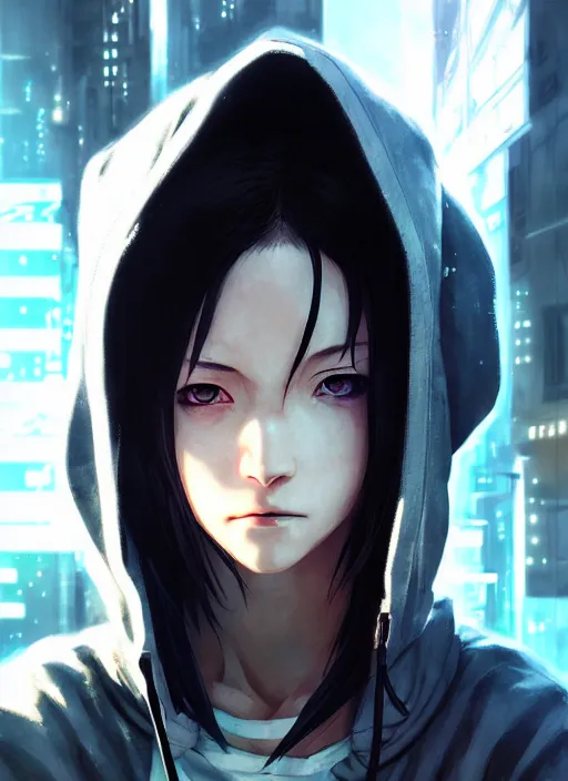 Image similar to cyberpunk anime girl in hoodie, realistic face, beautiful face, grafity, alita, arcane, action, tokyo street, detail, good face, pose model, concept art, in style of yoji shinkawa, pan ren wei, col price, atey ghailan, by greg rutkowski, aesthetic