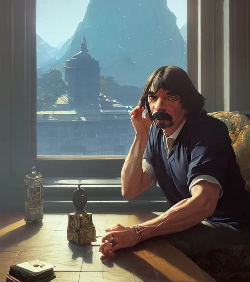 Image similar to Highly detailed portrait of Descartes in GTA V, Stephen Bliss, unreal engine, fantasy art by Greg Rutkowski, Loish, Rhads, ferdinand knab, Makoto Shinkai and Lois van baarle, ilya kuvshinov, rossdraws, Tom Bagshaw, global illumination, radiant light, detailed and intricate environment