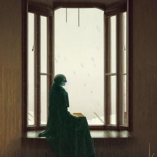 Image similar to on a rainy day, the girl sits in a clean high - end coffee shop and looks out the window, illustration, concept art, elegant, smooth, serene landscape, lonely, sad, caspar david friedrich, beeple