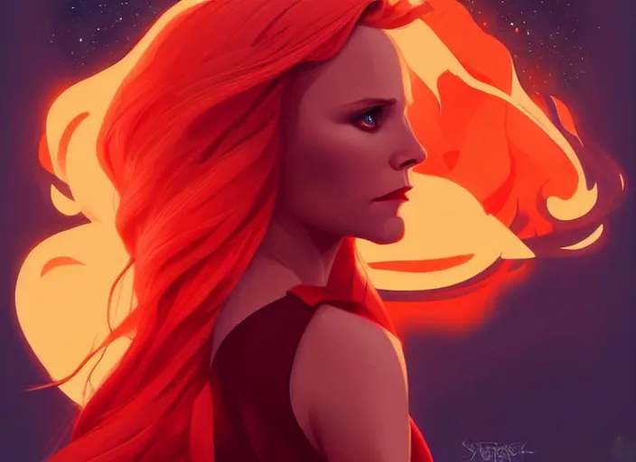 Image similar to style artgerm, joshua middleton, beautiful kristen bell with dark red dress, very long orange hair, symmetrical face, symmetrical eyes, fire powers fire swirling, detailed, volcano setting, cinematic lighting