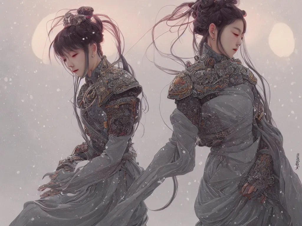 Prompt: portrait jisoo blackpink, grey hair armored samurai clothes, in japanese temple stormy snowy sunrise, ssci - fi and fantasy, intricate and very very beautiful and elegant, digital painting, artstation, concept art, smooth and sharp focus, illustration, art by tian zi and wlop and alphonse mucha