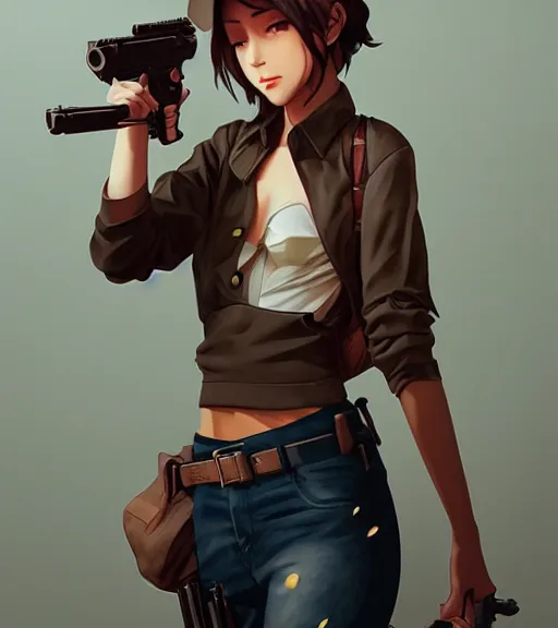 Image similar to pretty woman holding a gun, by wlop, rain, poster, anime key visual, artstation