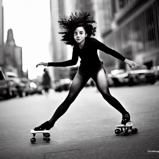 Image similar to a girl i ’ ve only seen in my dreams, beautiful, skating in new york, trippy, portrait, 4 k, 8 k, professional photograph