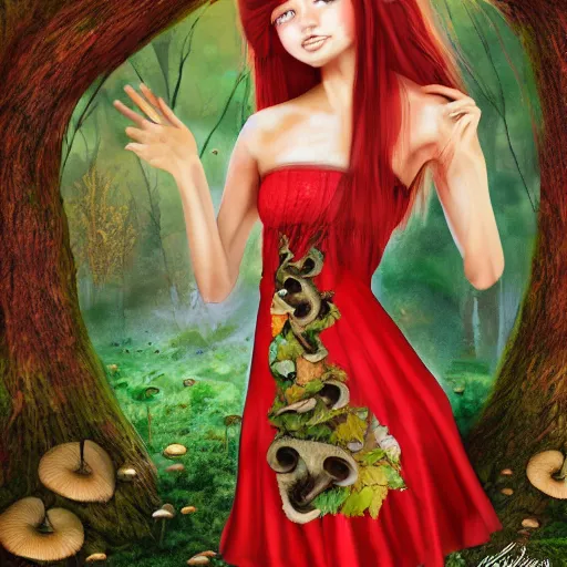 Image similar to Girl, long red hair, short bangs, in a beautiful skirt made of leaves with dewdrops on them, clothes, tiny mushrooms and forest on a dress, mushrooms decoration on the dress, on the background of a magickal forest, Designer clothes, vouge photo, fashion style, fullbody, in full growth, intricate, elegant, highly detailed, artstation, concept art, smooth, sharp focus, illustration, art by greg rutkowski and orientalism and bouguereau and Zdzislaw Beksinski, good clear quality, lighting, biology, symmetrical artwork, perfect face, 135 mm, cinematic, hyper realism, high detail, octane render, 8k, chrome accents