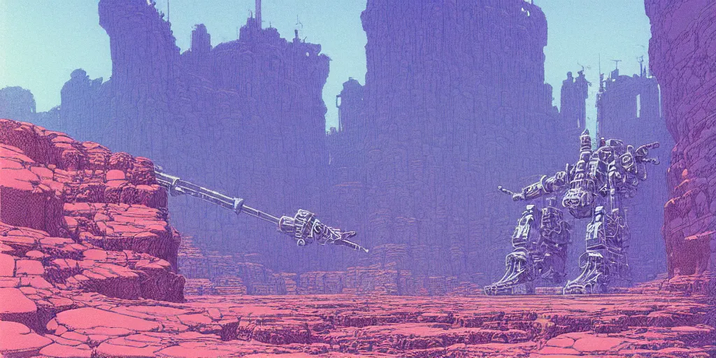 Image similar to grainy risograph matte painting of gigantic huge mech with huge swords, pastel matte colors, staying in the toxic blue canyon, by moebius, hyperrealism, intricate detailed