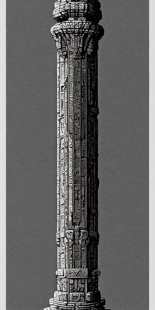 Image similar to ornate ancient stone pillar, high details, intricately detailed, by vincent di fate, inking, 3 color screen print, masterpiece, trending on artstation,, sharp, details, hyper - detailed, hd, 4 k, 8 k