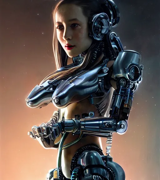 Image similar to ultra realistic full shot of a beautiful cyborg girl with mechanical arms, cyberpunk, sci - fi, fantasy, kodak, colour led, soft light, volumetric lighting, night, intricate, elegant, highly detailed, digital painting, artstation, concept art, smooth, sharp focus, illustration, art by artgerm and greg rutkowski and alphonse mucha