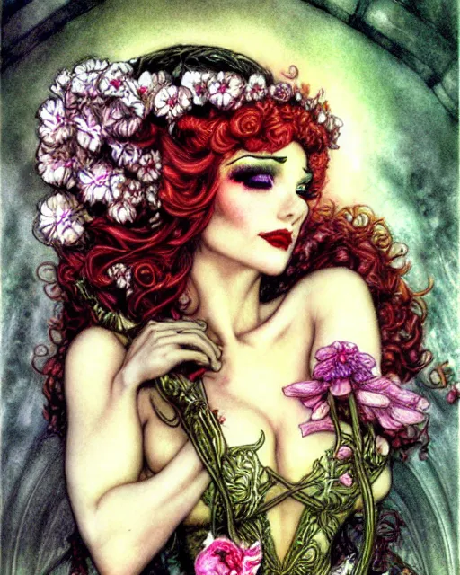 Image similar to burlesque elf, flowers in hair, fantasy character portrait, ultra realistic, concept art, intricate details, art nouveau, cinematic, highly detailed by boris vallejo, chris achilleos, arthur rackham