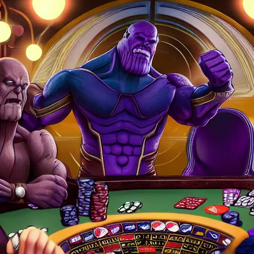 Prompt: thanos playing poker and going all in, high detail, photorealistic, depth of field