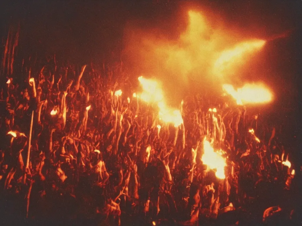 Image similar to 80s polaroid colour flash photograph of Rammstein concert pyrotechnics