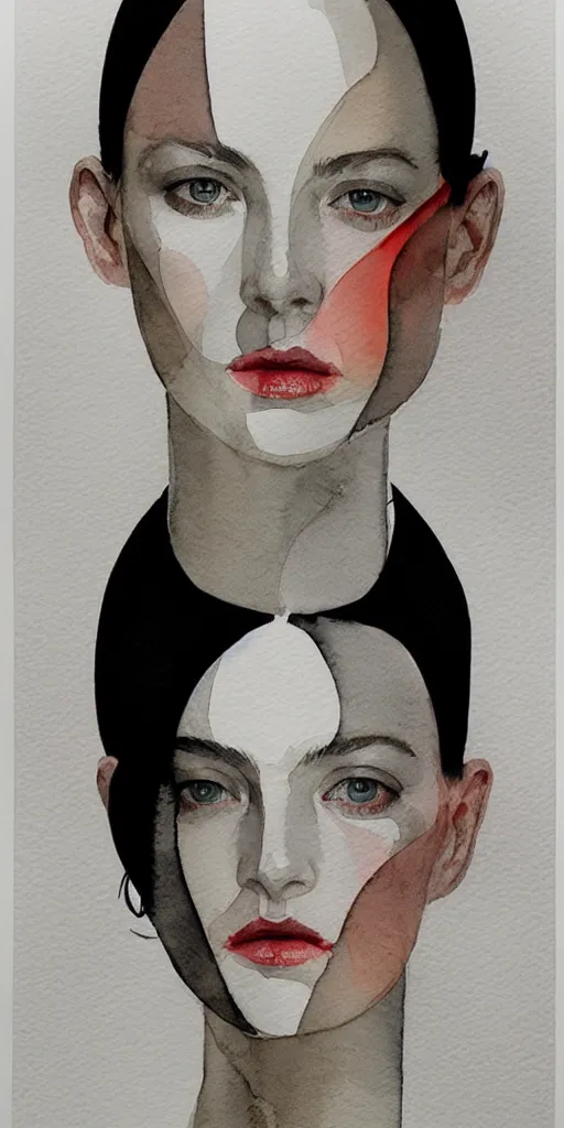 Image similar to beautiful face woman, symmetrical, grey, colorless and silent, watercolor portraits by Luke Rueda Studios and David downton