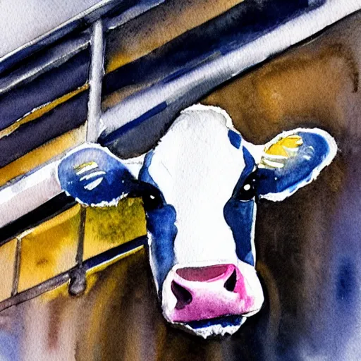 Image similar to watercolor painting of a cow on an escalator