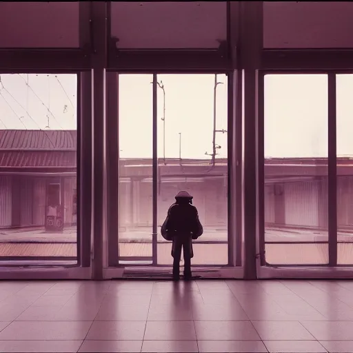 Image similar to a beautiful photo of an astronaut waiting in a train station, 1970', soft light, morning light, photorealistic, realistic, octane, 8k, cinematic shot