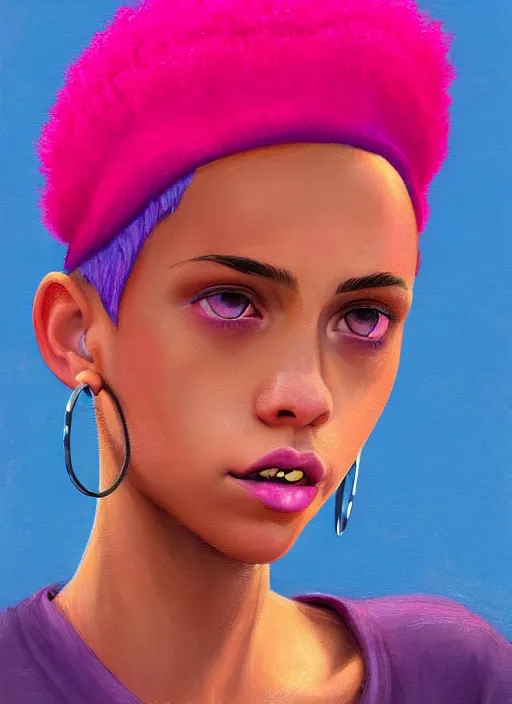 Image similar to portrait of teenage vanessa morgan with bright pink hair, black girl, curly pixie cut hair, wearing newsboy cap, pink short haircut, newsboy cap, hoop earrings, blue eyes, intricate, elegant, glowing lights, highly detailed, digital painting, artstation, concept art, smooth, sharp focus, illustration, art by wlop, mars ravelo and greg rutkowski