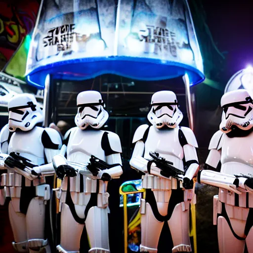 Image similar to stormtroopers trying to prizes at a fairground, dynamic lighting