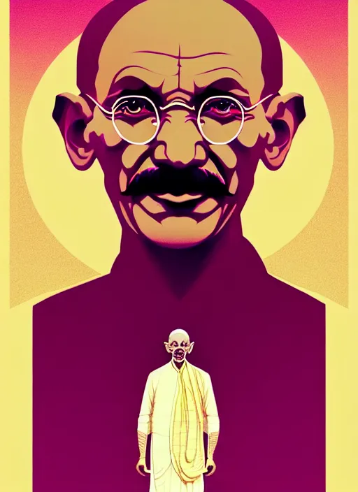 Prompt: portrait of mahatma gandhi, artstation winner by victo ngai, kilian eng and by jake parker, by conrad roset, swirly vibrant color lines, winning award masterpiece, fantastically gaudy, aesthetic octane render, 8 k hd resolution