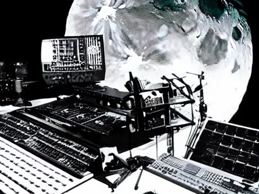 Prompt: moon landing studio set | b&w, NASA photo archive