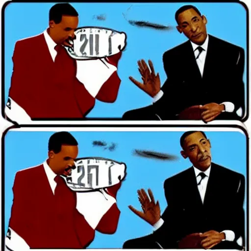 Image similar to will smith hitting obama with a flip - flop, in the style of gta cover art