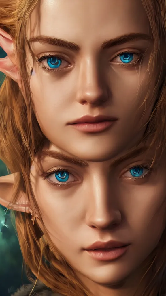 Image similar to Portrait of Zelda, close up, studio lightning, bright tones, intricate, masterpiece, cell shading, photorealistic, hiperrealistic, sharp focus, high contrast, Artstation HQ, 4k UHD, Unreal Engine 5,,