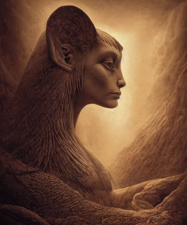 Image similar to epic professional digital art the sphinx, horrific yet beautiful vibe, evocative, atmospheric lighting, painted, intricate, highly detailed, by leesha hannigan, wayne haag, reyna rochin, ignacio fernandez rios, mark ryden, iris van herpen, artstation, cgsociety, stunning, gorgeous, sharp focus, cinematic, masterpiece