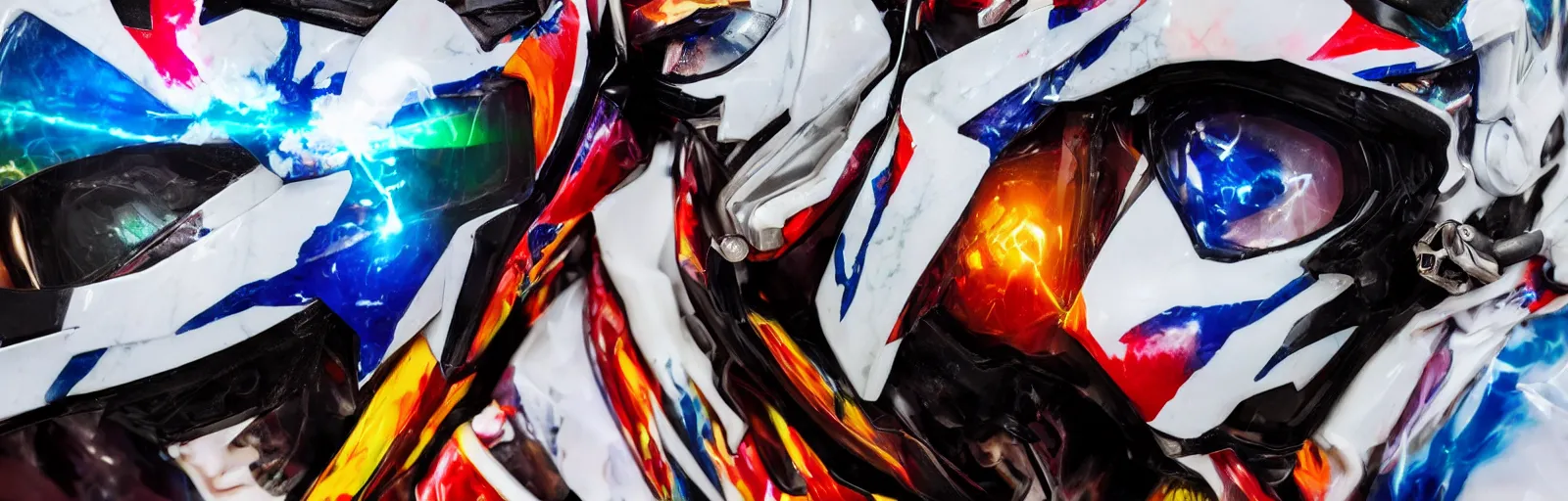 Image similar to beautifully lit extreme close up photo of a white marble statue of an anime girl with colorful motocross logos and motorcycle helmet with closed visor, colorful smoke in the background, carved marble statue, fine art, neon genesis evangelion, virgil abloh, offwhite, denoise, highly detailed, 8 k, hyperreal