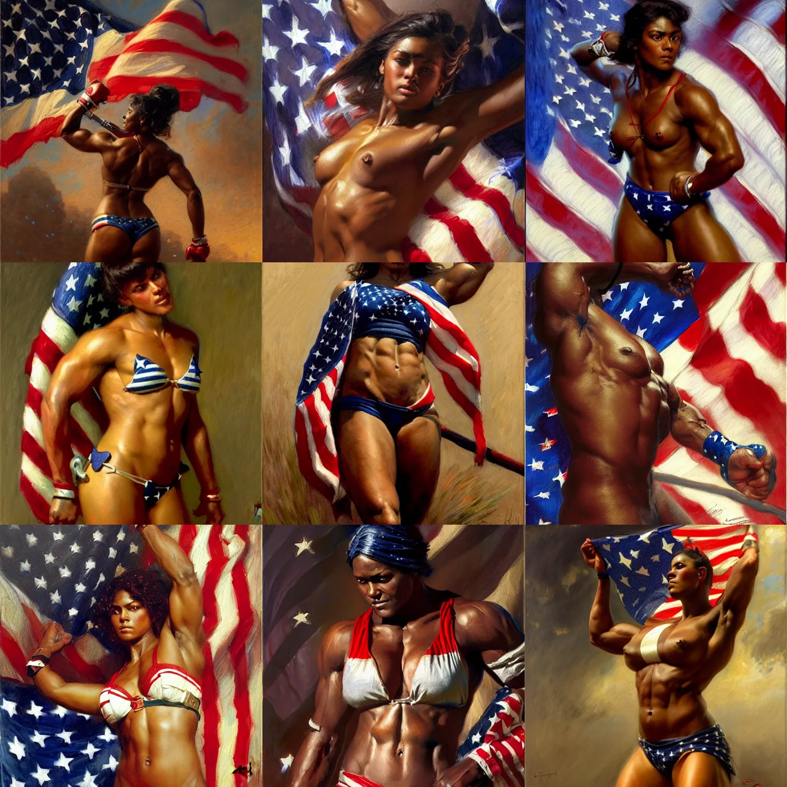 Prompt: muscled dark skin female boxer wearing stars and stripes, highly detailed painting by gaston bussiere, craig mullins, j. c. leyendecker 8 k