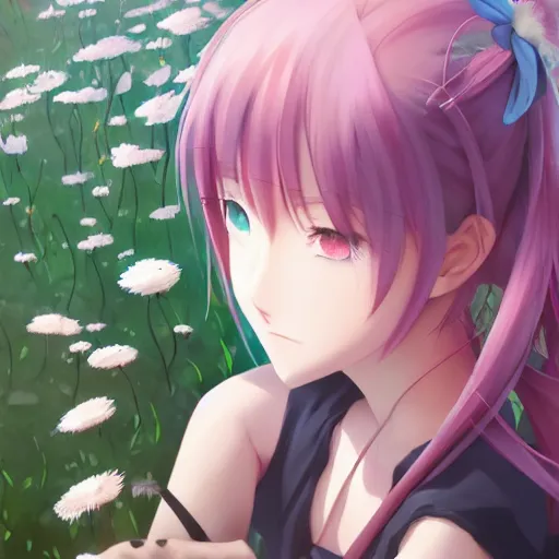 Image similar to portrait of the girl relaxing at the floss flower field, anime fantasy illustration by tomoyuki yamasaki, kyoto studio, madhouse, ufotable, square enix, cinematic lighting, trending on artstation