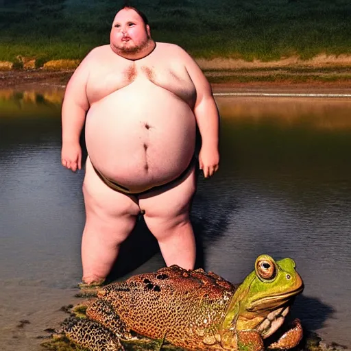 Image similar to dramatic photo of a fat man in a swimsuit holding and licking the worlds largest toad