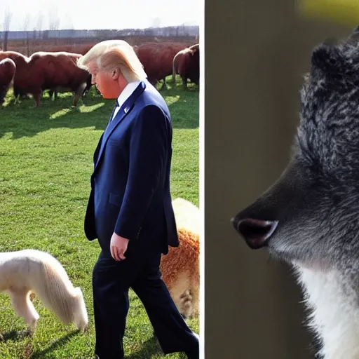 Prompt: donald trump and vladimir putin at animal farm petting animals