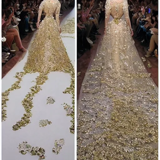 Image similar to a long wedding dress with a train made of flower petals made of light - colored fabric. transparent in places. in places, patterns of precious stones. intricate patterns of gold thin threads. fantasy. clear details