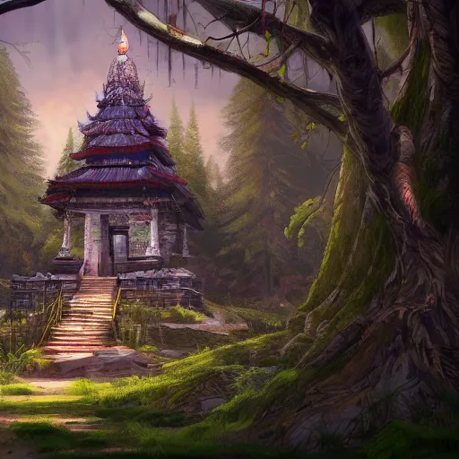 Prompt: temple in a beautiful forest on the seaside by peter klasen, artstation, hd, ultra detailed