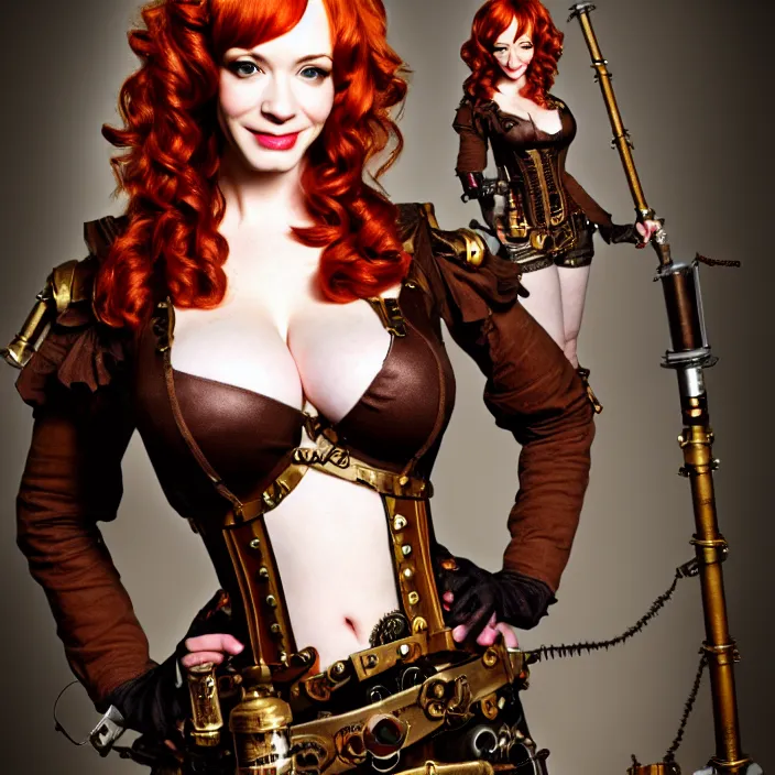 Image similar to full body photograph of christina hendricks as a steampunk warrior, Extremely detailed. 8k