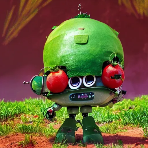 Image similar to cute robot made of plants wearing tomato hat and a chive sword, made in abyss style