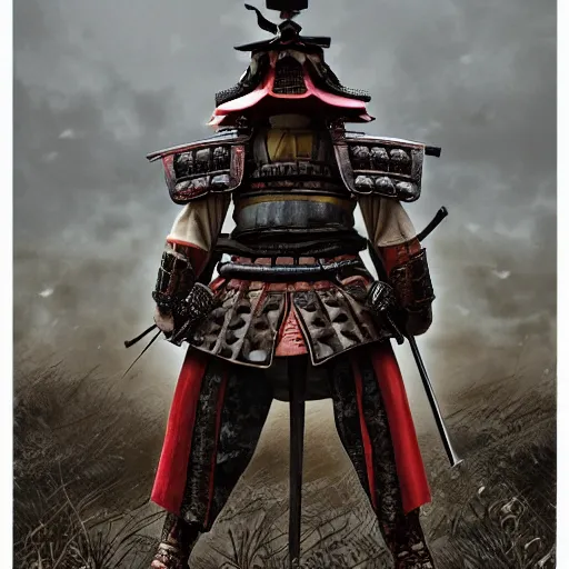 Image similar to ginormous samurai standing on old japanese battlefield, detailed digital artwork, symmetrical, highly detailed, highly accurate, deep aesthetic, 8 k, highly ornate intricate details, cinematic lighting, rich colors, ray tracing, hyperrealistic, photorealistic, cinematic landscape, trending on artstation,