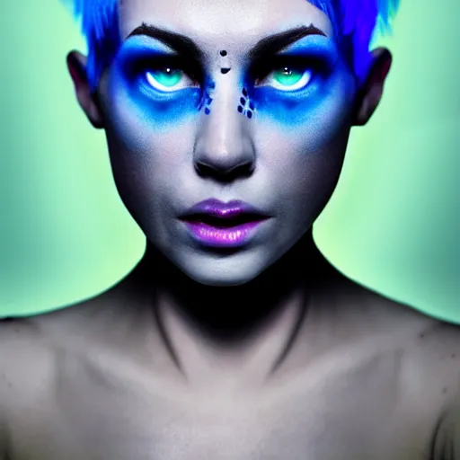 Prompt: crazy girl with large dazzling blue cybernetic eyes, character portrait, short white hair, pixie nose, mythic glowing blue tattoos, creepy, photorealistic, cinematic composition, hyper real, upscaled, ultra detailed