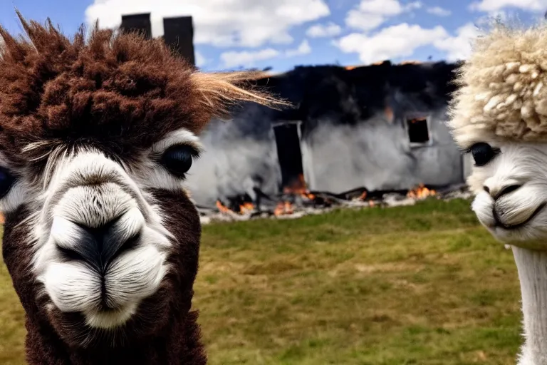 Prompt: <picture quality=4k-ultra-hd mode='attention grabbing'>Adorable alpaca looks into the camera knowingly as a house burns behind it - inspired by Disaster Girl</picture>