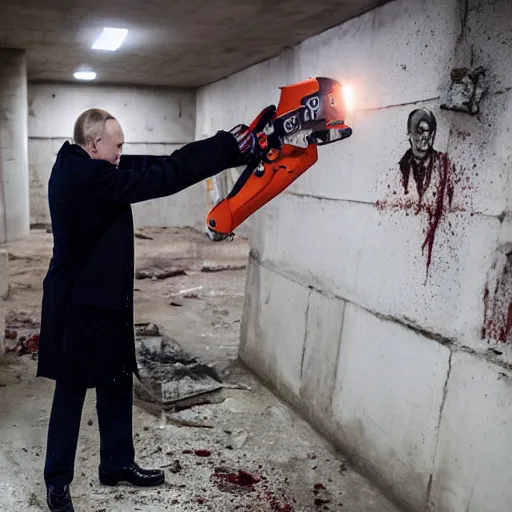 Image similar to putin with a chainsaw and a corpse. in a concrete bunker. focus on putins face with blood splatters. canon eos r 3, f / 1. 4, iso 1 6 0 0, 1 / 8 0 s, 8 k, raw, grainy